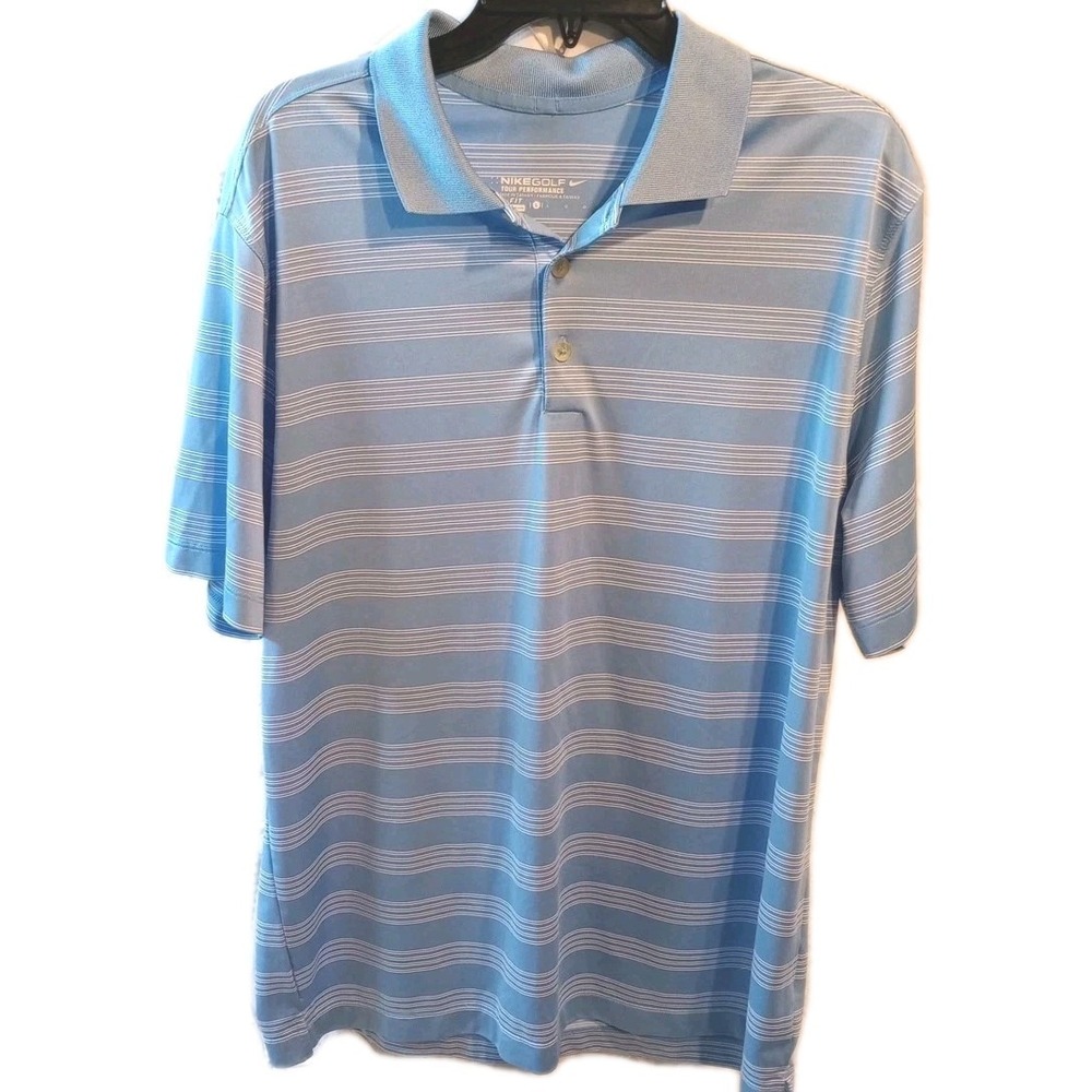 Nike Golf Tour Performance Mens Size L  Polo Dri-Fit Stripe Blue And White ⛳